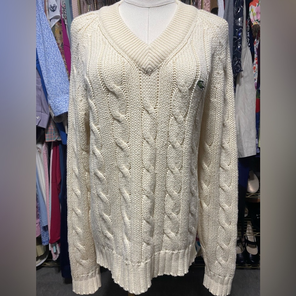 Lacoste Cream V-Neck Cable Knit Vintage Sweater